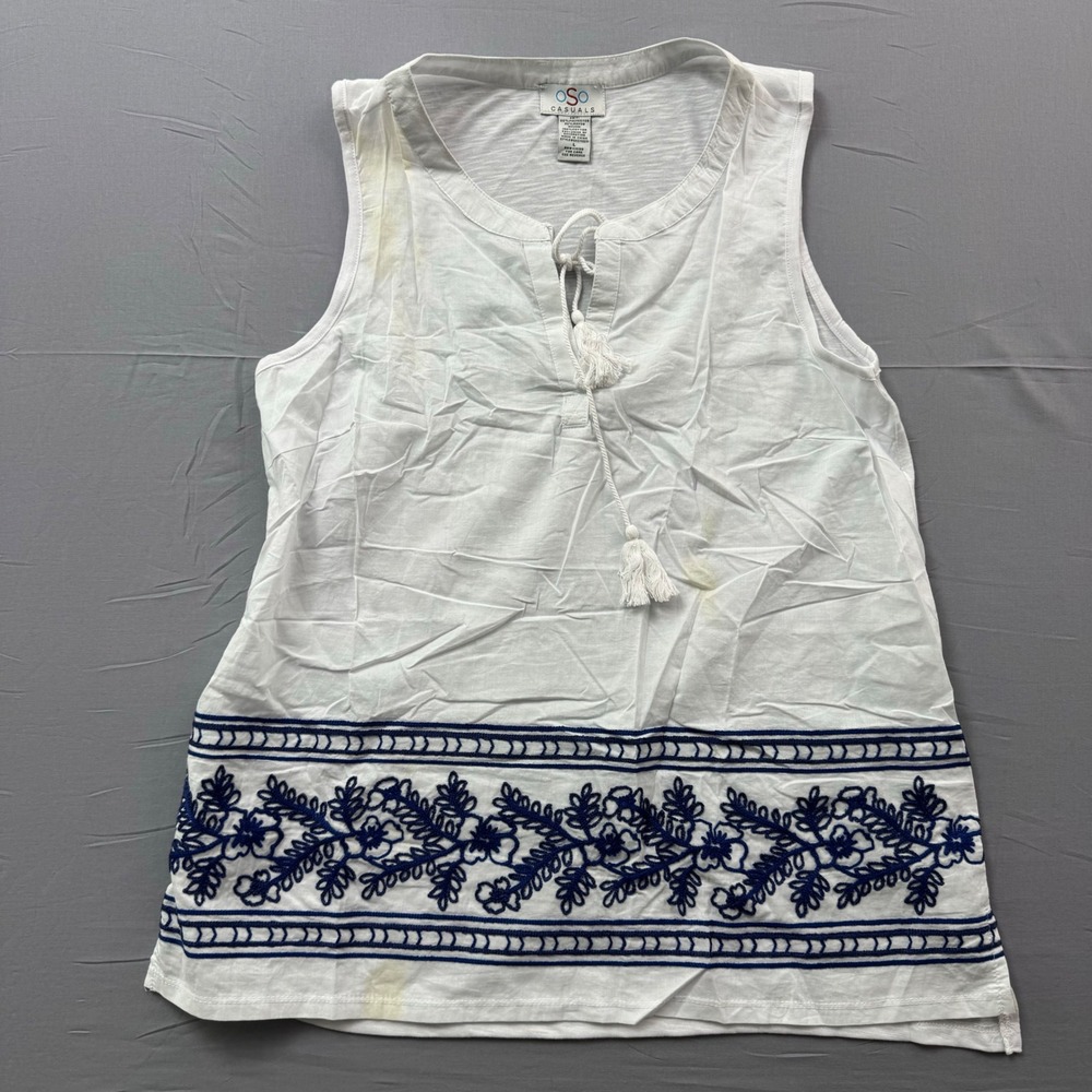 OSO Casuals Womens Large White Navy Blue Embroidered Tassel Tank Top EKS70031